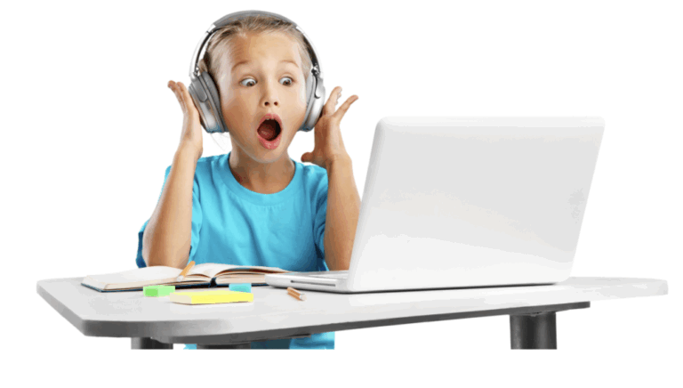 happy and surprised boy completing activity on computer
